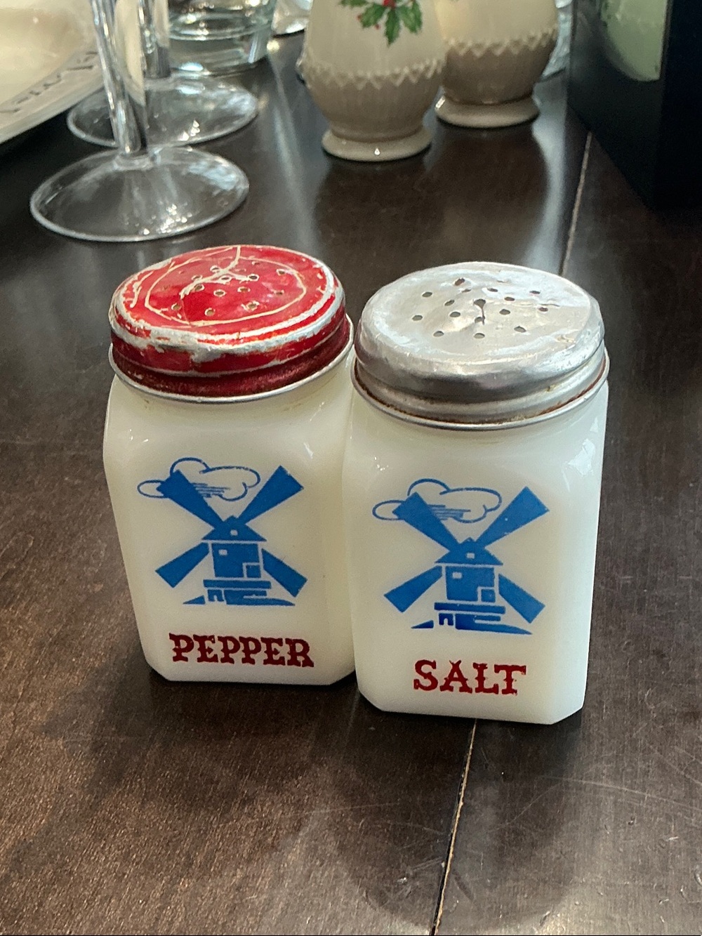 Vintage-Style White Glass Salt & Pepper Shakers with Blue Windmill Design
